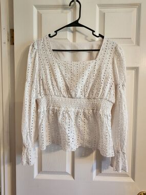 White Eyelet Smocked Waist Long-Sleeve Top Size XL